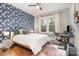 Charming bedroom with a blue accent wall, hard wood floors, natural light and a desk at 624 Oakland Ave, Charlotte, NC 28204