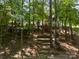 Back of the property with wooded steps that lead up to the elevated home with a screened in back porch at 7730 Windsor Forest Pl, Harrisburg, NC 28075