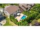 Aerial view of a private backyard featuring a pool, patio, and lush landscaping at 8614 Goodman Park Ct, Charlotte, NC 28277