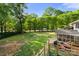 Spacious backyard featuring lush green lawn, mature trees, and shed at 108 Augusta Dr, Statesville, NC 28625