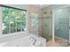 The primary bathroom features a soaking tub, a glass enclosed shower, and large windows at 111 Wilton Pl, Mooresville, NC 28117
