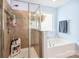 Bathroom showcasing a luxurious shower with decorative tile and a separate soaking tub at 16038 Harbor Hill Dr, Charlotte, NC 28273