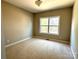 The vacant bedroom features soft carpet, neutral-colored walls, and a window that allows ample natural light into the room at 16446 Doves Canyon Ln, Charlotte, NC 28278