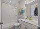 A tidy bathroom featuring a glass shower and a modern single sink vanity at 17513 Julees Walk Ln, Davidson, NC 28036