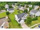 Overhead view of a home featuring an attached two-car garage, gray shingle roof, fenced backyard, and lush lawn at 3038 Old Ironside Dr, Charlotte, NC 28213