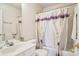 Well-lit bathroom with a vanity, toilet, and shower featuring a decorative purple and white shower curtain at 3038 Old Ironside Dr, Charlotte, NC 28213