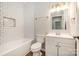 Bright bathroom featuring modern fixtures, subway tile surround shower and modern vanity at 3050 Millstone Dr, Gastonia, NC 28054