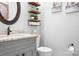 Half bath with gray vanity, granite countertop, and modern fixtures at 317 Marietta Rd, Mooresville, NC 28117