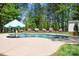 Sparkling inground pool surrounded by a concrete patio, manicured landscaping, and towering trees at 317 Marietta Rd, Mooresville, NC 28117