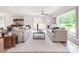 Sunlit living room showcasing modern furnishings, herringbone rug, and serene backyard views through large windows at 3501 Providence Rd, Charlotte, NC 28211