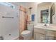Clean and bright bathroom featuring a walk-in shower and a vanity with a sink at 3604 Braefield Dr, Indian Trail, NC 28079