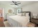 Comfortable main bedroom with plush bedding, ample natural light, and a view of the ensuite bathroom at 4921 Doris Ave, Charlotte, NC 28205