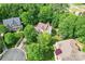 Aerial view of a home surrounded by lush trees in a well-maintained neighborhood with mature landscaping at 5022 Saybrook Dr, Harrisburg, NC 28075