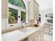 Kitchen features a sink, stainless steel appliances, stone countertops and large windows that look out onto a lush garden at 1245 Bellemeade Ln, Charlotte, NC 28270