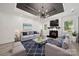 Staged living room with blue rug, comfortable furniture, and a cozy fireplace at 1820 Shannonhouse Dr, Charlotte, NC 28215