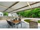 Backyard featuring covered patio, outdoor dining, pool and adjacent grass at 213 Lakeview Dr, Harrisburg, NC 28075