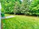 Lush backyard with green lawn, mature trees, and a concrete patio area for outdoor enjoyment at 3032 Mallard Forest Dr, Charlotte, NC 28269