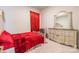This bedroom features carpeted floors and decoratively framed mirror for a cozy atmosphere at 8008 Brookbank Dr, Charlotte, NC 28269