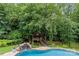 Elevated view of a backyard oasis featuring a pool, waterfall, treehouse and lush landscaping at 9513 Tresanton Dr, Charlotte, NC 28210