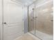 Bathroom featuring frameless shower with tile surround and bright lighting, and white door at 1221 Brookcrest Ln, Fort Mill, SC 29708