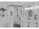Renovated bathroom features a modern walk-in shower, hexagon floor tiles, and stylish vanity at 2113 Woodlawn St, Kannapolis, NC 28083