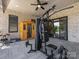 Home gym featuring modern exercise equipment, a sauna, and sliding doors for natural light at 4315 Hartis Grove Church Rd, Indian Trail, NC 28079