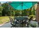 Patio area with an outdoor table set, umbrella, and backyard views at 4570 Chanel Ct, Concord, NC 28025