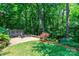 Landscaped backyard with stone patio, wooden deck and lush, mature trees provides a private outdoor retreat at 5321 Kathryn Blair Ln, Charlotte, NC 28226