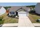 Aerial view of single-story home with manicured lawn, two-car garage, and neat landscaping in a quiet neighborhood at 6719 Jerimoth Dr, Charlotte, NC 28215