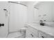 Bathroom with a vanity, marble countertop, and shower with white curtain at 1005 Grand Oak Dr, Waxhaw, NC 28173