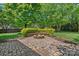 Backyard brick patio featuring a built-in fire pit and manicured landscaping at 1012 Sudbury Ln, Matthews, NC 28104