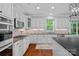 A well-appointed kitchen features white cabinetry, stainless steel appliances, stone backsplash and lots of natural light at 1012 Sudbury Ln, Matthews, NC 28104