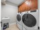 Convenient laundry room with front load washer and dryer, upper cabinets, and sink with marble flooring at 130 Churchill Dr, Salisbury, NC 28144