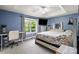 Cozy main bedroom features blue walls, tray ceiling, ceiling fan and work space at 2315 Perry Rd, Denver, NC 28037