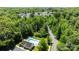 Community pool surrounded by trees in this aerial view of townhomes and lush greenery at 3021 Misty Harbor Cir, Cramerton, NC 28032