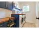 Well organized laundry room with navy blue cabinets, butcher block countertop, open shelving, and front loading washer and dryer at 421 Mcdonald Ave, Charlotte, NC 28203