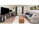 Comfortable living room featuring a desk, TV and a modern sofa with brown leather ottoman at 1098 Matchstick Sw Pl, Concord, NC 28025