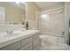 Cozy bathroom featuring a tiled shower with sliding glass door, tiled floors and a grey vanity at 137 Burton Hills Cir, Gastonia, NC 28054