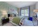 Well-lit bedroom with patterned wallpaper, neutral-colored carpet and a large window overlooking the home exterior at 153 Glenn Dr, Mooresville, NC 28115