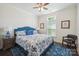 Comfortable bedroom with a blue area rug and patterned bedding at 16112 Lakeside Loop Ln, Cornelius, NC 28031