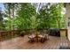 An inviting wood deck features an outdoor dining set and grill, surrounded by lush greenery and trees at 1654 Scotch Pine Ln, Fort Mill, SC 29708