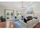 Bright living room featuring fireplace, hardwood floors, modern lighting, and a view to the backyard at 2817 Bevis Ln, Waxhaw, NC 28173