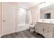 Bathroom with a large vanity, modern fixtures, a toilet, and shower-tub combo at 856 Skyline Dr, Chester, SC 29706
