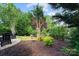 Landscaped backyard featuring mature trees, mulch beds, and manicured lawn at 9735 Wheatfield Rd, Charlotte, NC 28277