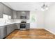 The kitchen features grey cabinets, stainless steel appliances, and a back door for convenience at 10200 Cairnsmore Pl # 9, Mint Hill, NC 28227