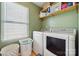 Functional laundry room with modern washer and dryer, complemented by a window and storage shelving at 1180 Bannockburn Ave, Rock Hill, SC 29732