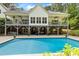 In-ground pool view showcasing the multi-level deck, covered outdoor seating area, and lush surroundings at 1956 Forest Ridge Dr, Stanley, NC 28164