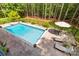 Aerial view of a sparkling in-ground pool with stamped concrete and lounge area at 1956 Forest Ridge Dr, Stanley, NC 28164
