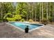Backyard swimming pool is surrounded by a stone patio and a lush green forest at 1956 Forest Ridge Dr, Stanley, NC 28164