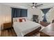 Comfortable main bedroom with a ceiling fan, and natural light and dark blue curtains at 281 Emerald Shores Rd, Mount Gilead, NC 27306
